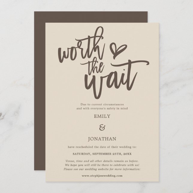 Save The Date Mariage Worth the Wait Script Cream Brown (Devant / Derrière)