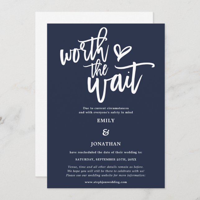 Save The Date Mariage Worth the Wait Script Navy White (Devant / Derrière)