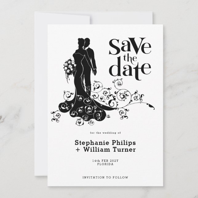 Save The Date Mariée élégante et marié silhouette de mariage (Devant)
