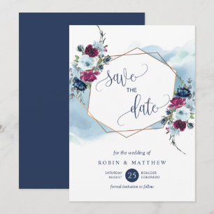 Save The Date Marine, Berry, Bourgogne et Mariage floral bleu