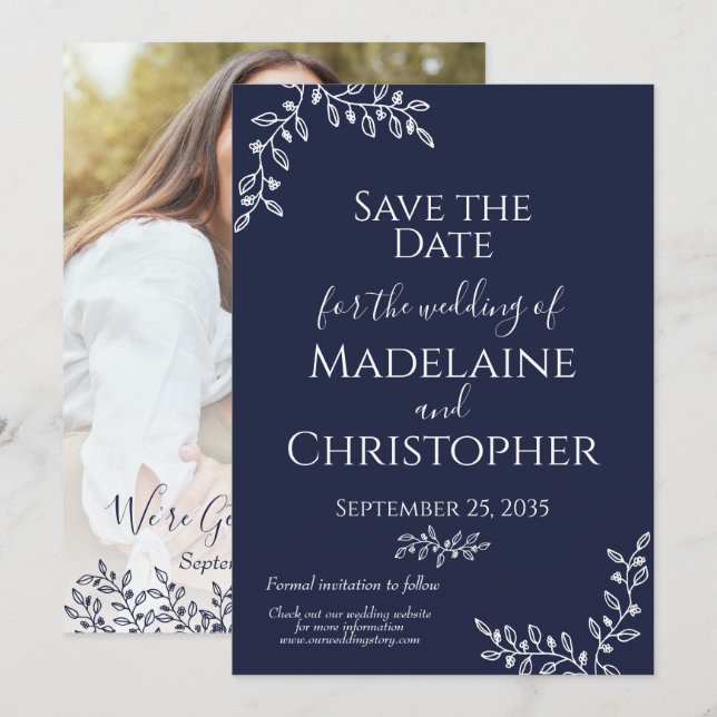 Save The Date Marine Bleu Blanc Botanique Boho Photo Mariage (Devant / Derrière)