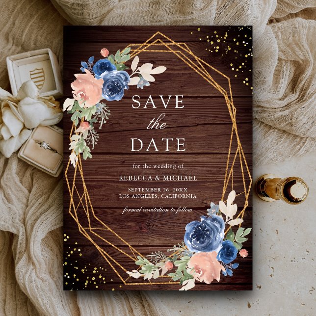Save The Date Marine bleu Blush rose Roses Barre Mariage en bois (Créateur téléchargé)