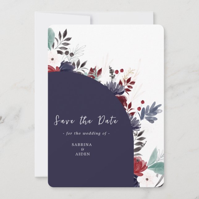 Save The Date Marine Bleu Bourgogne gothique Floral Mariage (Devant)