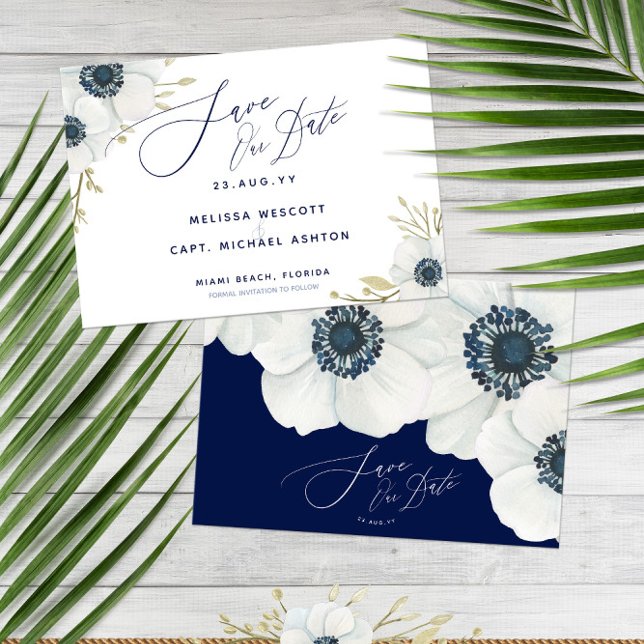 Save The Date Marine bleu 💍 Élégant blanc Mariage d'anémone (Navy Blue 💍 Elegant White Anemone Wedding Save The Date
)