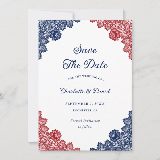 Save The Date Marine bleu et rouge dentelle florale Mariage rust (Devant)