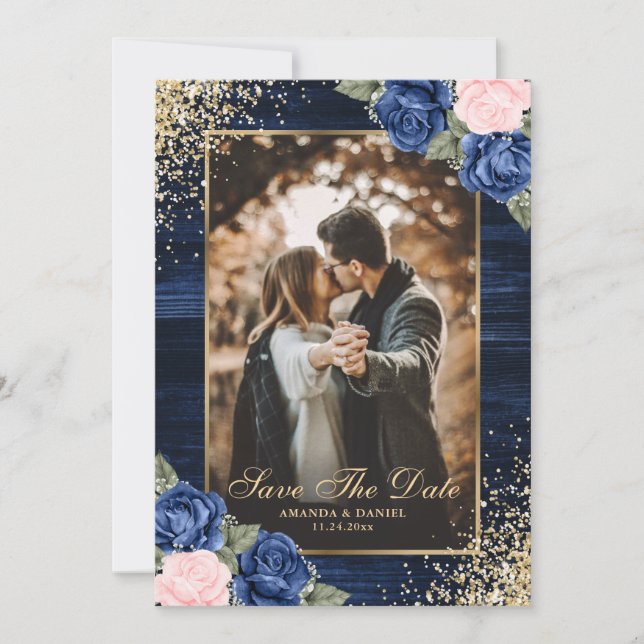 Save The Date Marine Bleu Or Bois Floral Mariage Photo (Devant)