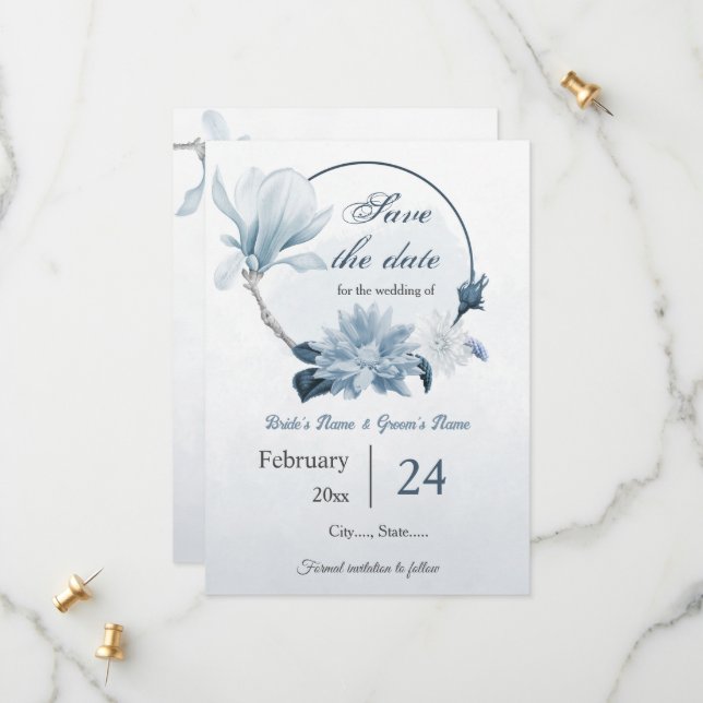 Save The Date marine bleu poussiéreux fleurs mariage botanique (Devant/Arrière en situation)
