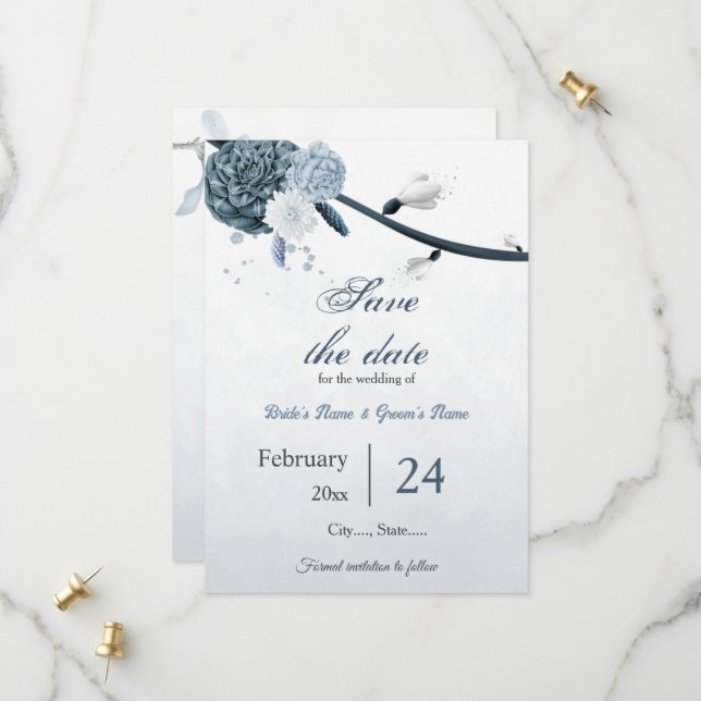 Save The Date marine bleu poussiéreux fleurs mariage botanique (Devant/Arrière en situation)