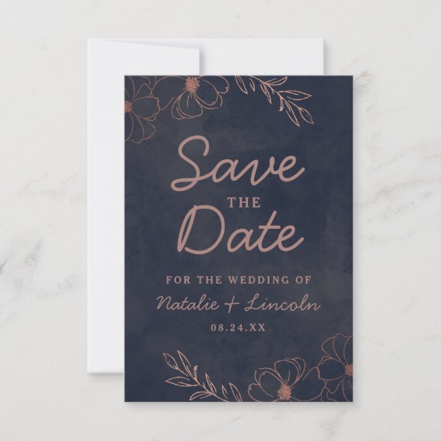 Save The Date Marine Bleu & Rose Gold Foil Frontière Florale Rus (Devant)