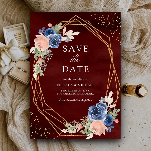 Save The Date Marine Bleu rose rose Roses Bourgogne Mariage (Créateur téléchargé)