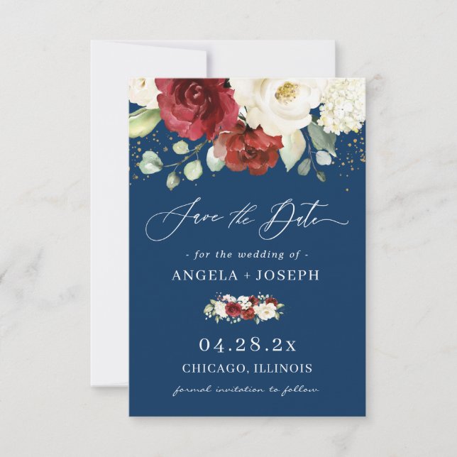 Save The Date Marine bleu Rouge blanc Rose Floral Mariage tendan (Devant)