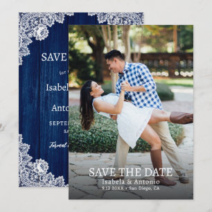 Save The Date Marine Bleu Rustique Bois Floral dentelle Mariage 
