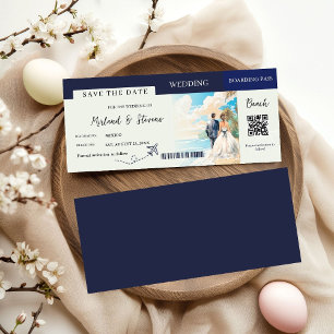 Save The Date Marine Blue Beach Nautical Boarding pass mariage