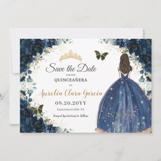 Save The Date Marine Blue Floral Robe Quinceañera Enregistrer la (Devant)