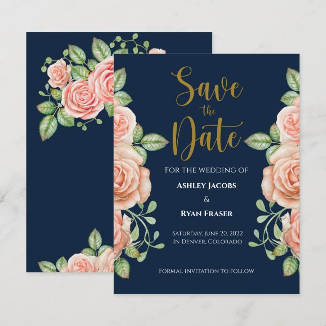 Save The Date Marine Blue Gold Blush Floral Wedding Enregistrer  (Devant / Derrière)