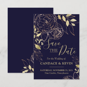 Save The Date Marine Blue & Gold Peony Moderne Floral Mariage