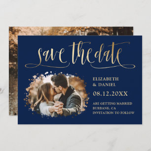 Save The Date Marine Blue Gold Script Mariage Photo Enregistrer 