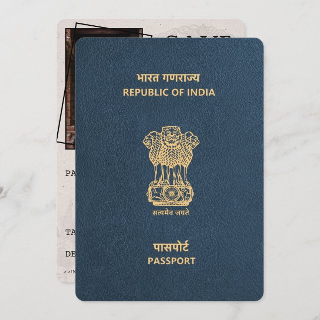 Save The Date Marine Blue India Passport Enregistrer La Date (Devant / Derrière)