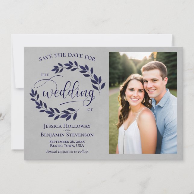Save The Date Marine Blue Laurel Feuilles Rustic Grey Mariage Ph (Devant)