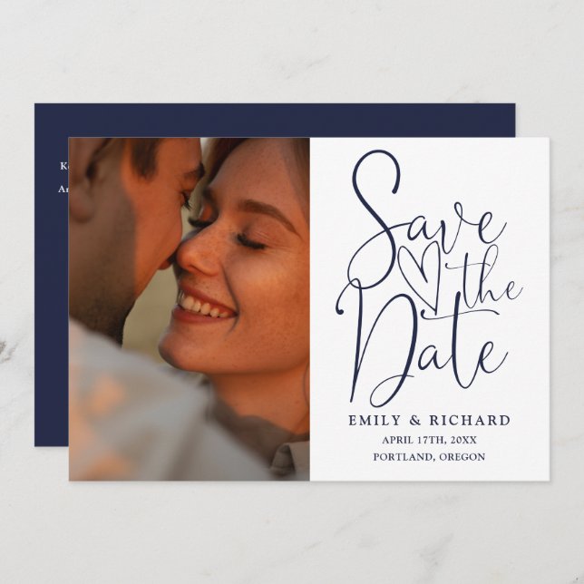 Save The Date Marine Blue Mariage 2 Photo QR Code Élégant Script (Devant / Derrière)