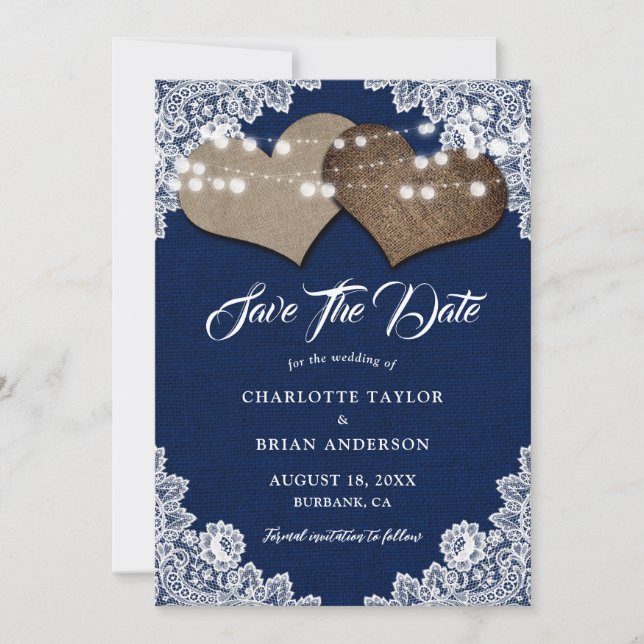 Save The Date Marine Blue Rustic Country Floral Mariage dentelle (Devant)