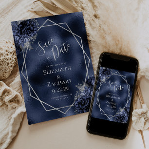 Save The Date Marine Blue Silver Floral Geo Foil Enregistrer la