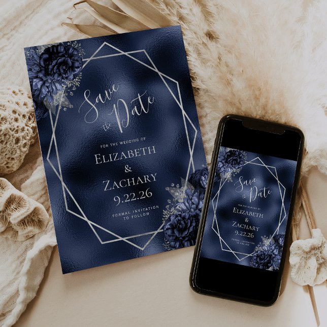 Save The Date Marine Blue Silver Floral Geo Foil Enregistrer la  (Créateur téléchargé)