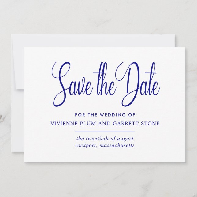 Save The Date Marine Blue & White Calligraphy Enregistrer la dat (Devant)