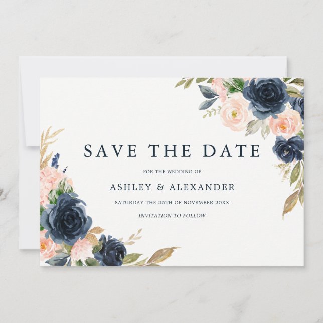 Save The Date Marine Blush Élégant Mariage Floral moderne (Devant)