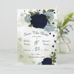 Save The Date marine et bleu poussiéreux fleurs vert feuille bot
