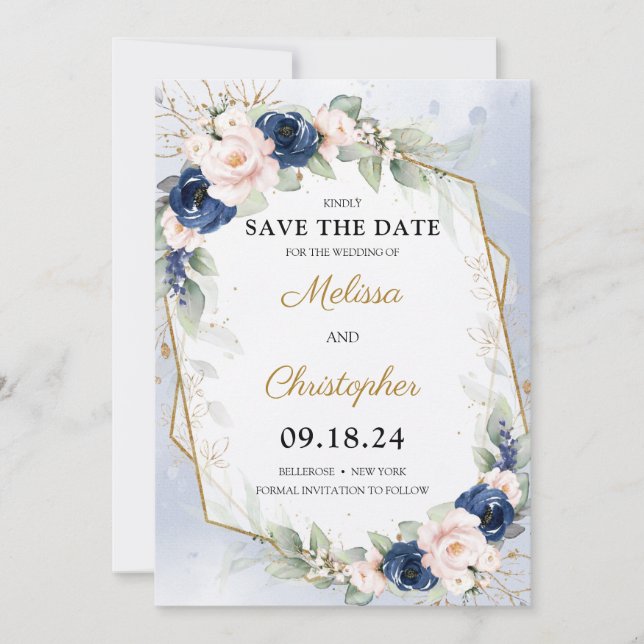 Save The Date Marine et Blush Floral Verdure et Gold Frame (Devant)