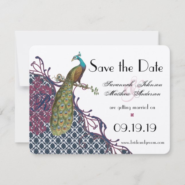 Save The Date Marine et très Berry Elegant Damask Peacock Mariag (Devant)