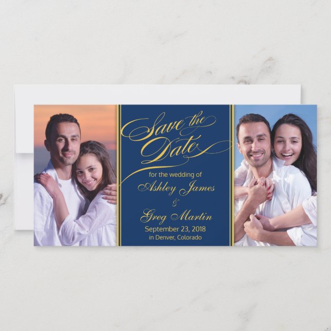 Save The Date Marine Gold Photo Collage Mariage Enregistrer la d (Devant)