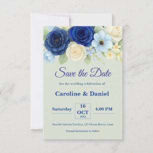 Save The Date Marine Royal Bue Mariage Aquarelle couleur ivoire