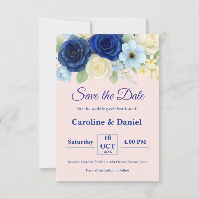 Save The Date Marine Royal Bue Mariage Aquarelle couleur ivoire  (Devant)