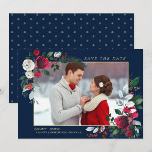 Save The Date. Marineblau   Burgundy Wedding Foto Einladung