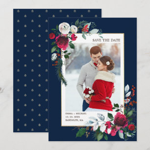 Save The Date. Marineblau   Burgundy Wedding Foto Einladung