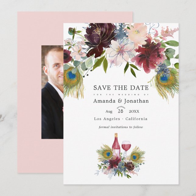 Save The Date Marsala aquarelle et floral mariage Save T (Devant / Derrière)