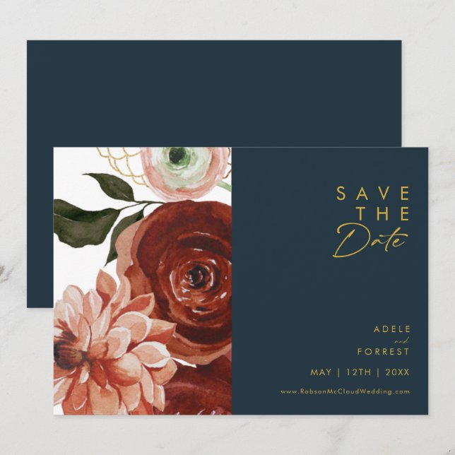 Save The Date Marsala Autumn Floral | Marine horizontale (Devant / Derrière)