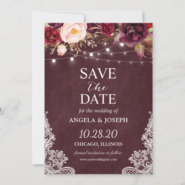 Save The Date Marsala Bourgogne dentelle Florale Lumières à cord (Devant)