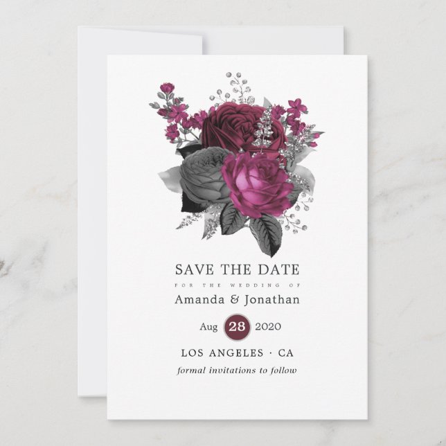 Save The Date Marsala, Mariage floral noir et argent (Devant)