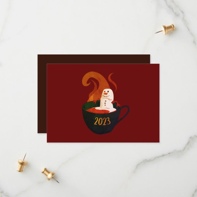 Save The Date Marshmallow Snowman En Coco Chaud (Devant/Arrière en situation)