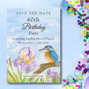 Save The Date Martin-pêcheur avec Party aux Iris Violets