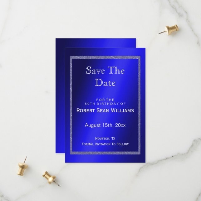 Save The Date Masculine Cadre bleu et Parties scintillant 50e an (Devant/Arrière en situation)