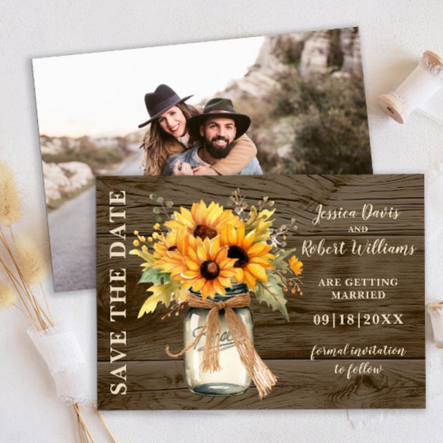 Save The Date Mason de tournesol rustique Jar Enregistrer la dat (Rustic Sunflowers String lights save the date )