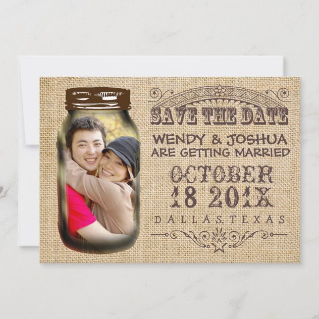 Save the Date Mason Jar Burlap Rustic Wedding (Vorderseite)