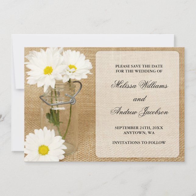 Save The Date Mason Jar Burlap White Daisies Enregistrer la date (Devant)