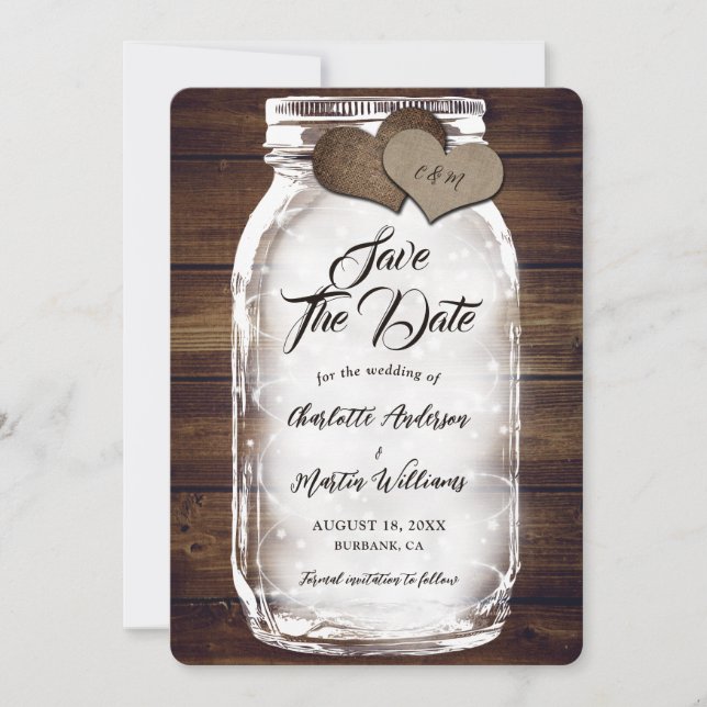 Save The Date Mason Jar éclaire Burlap Hearts Grange Mariage en  (Devant)