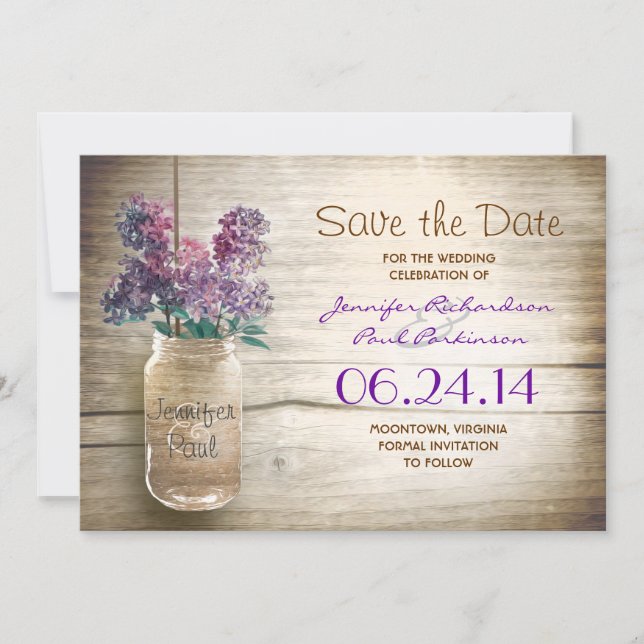 Save The Date mason jar & lilacs enregistrer la date (Devant)
