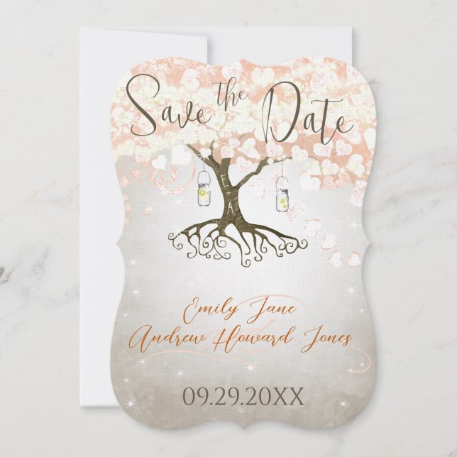 Save The Date Mason Jar Peachy Heart Leaf Tree Enregistrer la da (Devant)